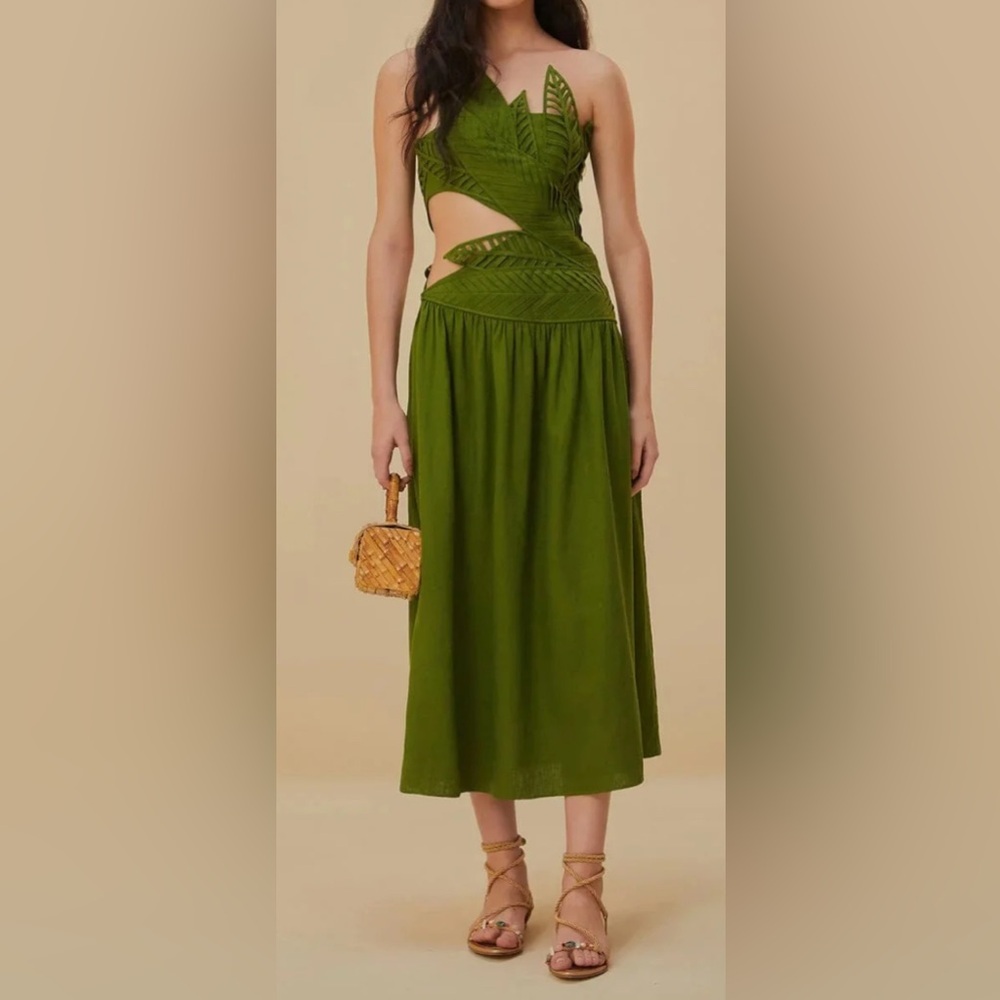 Farm Rio Green Leaves Cut Out Midi Dress, XL, BNWT